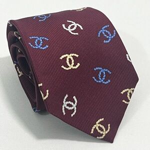 CHANEL Rare CC Logo Silk Necktie Maroon Burgundy Pinstripe Blue Cream Gray